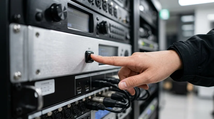 A Korean operator's bare hand pressing a button on an AV processor during the content setting check.