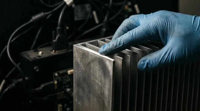 A Korean technician's gloved hand touching the thick aluminum heat sink of a digital signage.