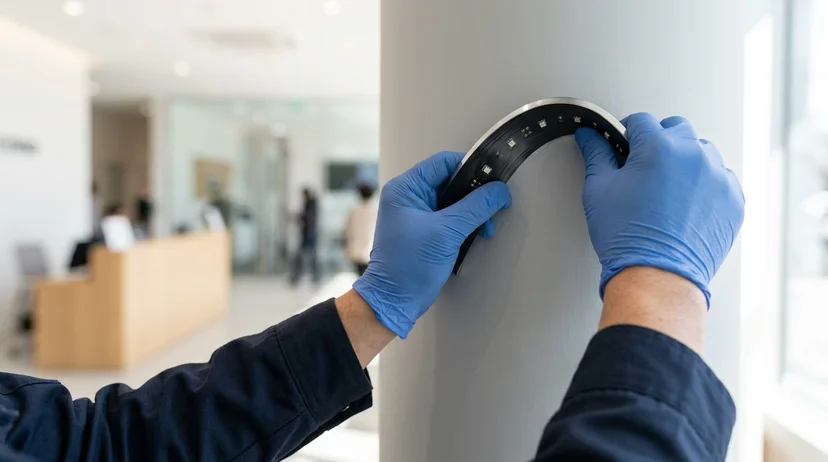 A Korean technician's gloved hands pressing a flexible LED module against a curved indoor surface.