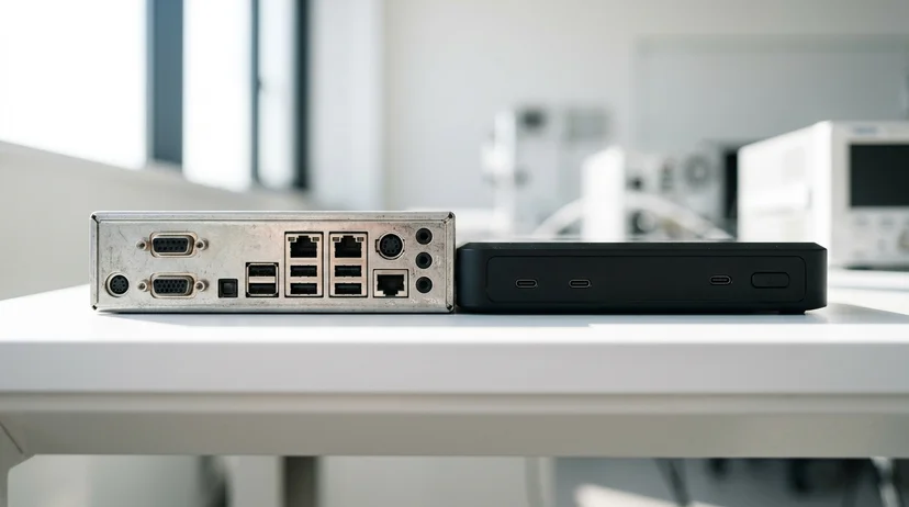 A macro view of an older device with dense ports next to a modern controller with minimal interface on a bench.