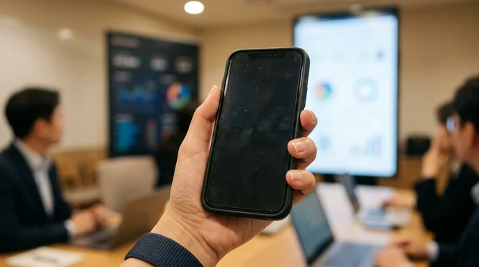 A Korean marketer's hand holds a smartphone in front of a vertical large screen in a meeting room.