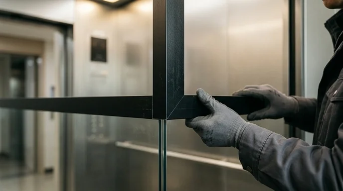 Close-up of a gloved hand pushing a corner-type screen frame against an elevator corner.