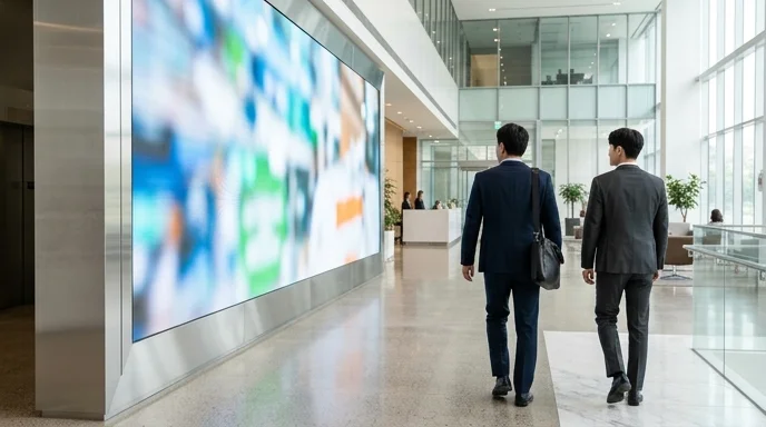 Two Korean office workers walking past a massive display wall in a corporate lobby.