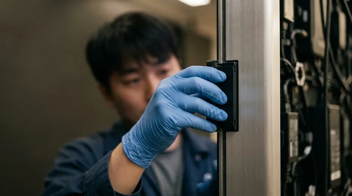 Gloved hands of a Korean technician removing a module from a large display on a wall.