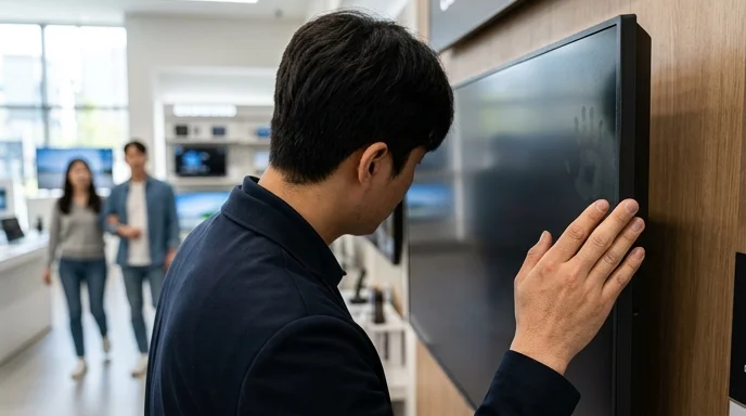 Over-the-shoulder view of a staff member inspecting a screen bezel.