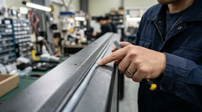 A technician's hand inspecting the silicone waterproof seal on a sturdy LED cabinet indoors.