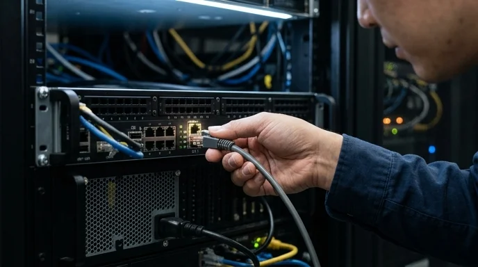 A Korean engineer's hand plugging a network cable into the rear port of a media server inside a rack.