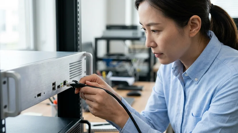 An employee plugging a cable into the front port of a media server in an office.