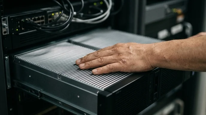 A technician's hand rests on the metal cooling fins of two media servers mounted side by side.