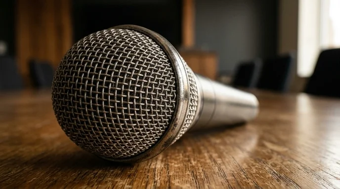 Close-up of the dusty metallic mesh of an omnidirectional microphone resting on a wooden conference table.