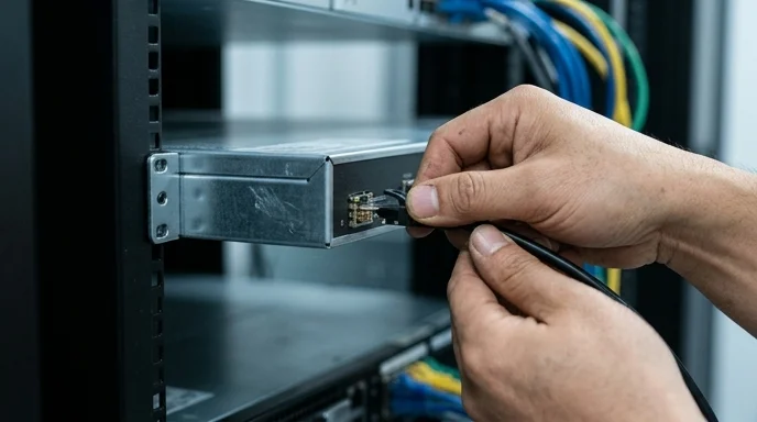A Korean technician's hands connecting a cable into the rear port of a controller in a rack.