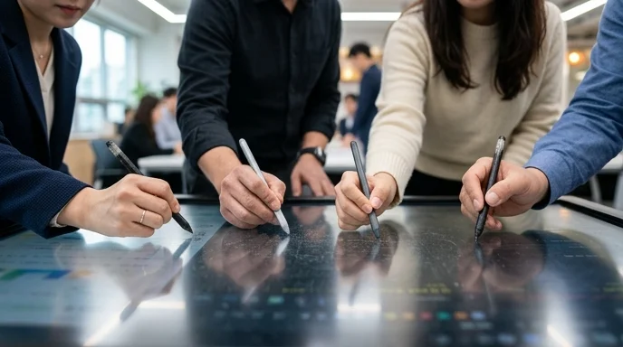 Korean attendees' hands writing simultaneously on a large screen in a meeting room.