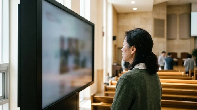 A Korean woman looking at a large display in a brightly lit church hall, viewed from over the shoulder.