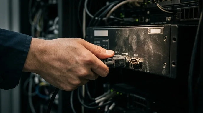 A technician's hand plugging a cable into the rear port of a controller in a server room.