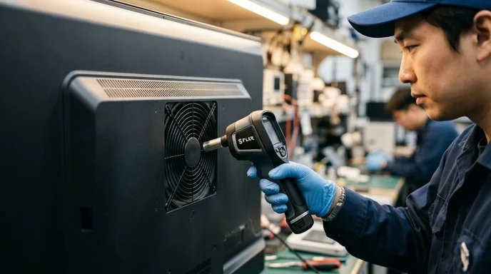 A Korean technician's hand holding a thermal scanner near the cooling fan of a display.
