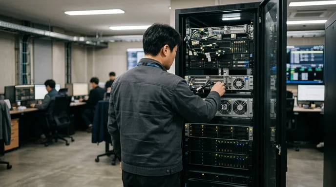 A Korean technician standing in a modern control room, viewed from behind examining a media server rack.