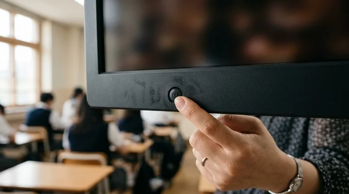 A Korean teacher's hand pressing the power button on the bezel of a display frame in a classroom.