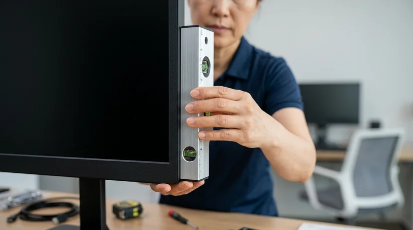 A Korean technician's bare hands holding a metallic level against the corner of a screen frame to control the alignment.