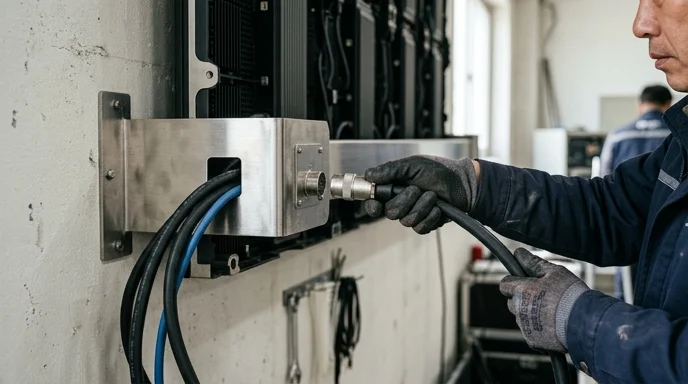 Gloved hands connecting thick power cables to a heavy-duty screen frame on an indoor wall.