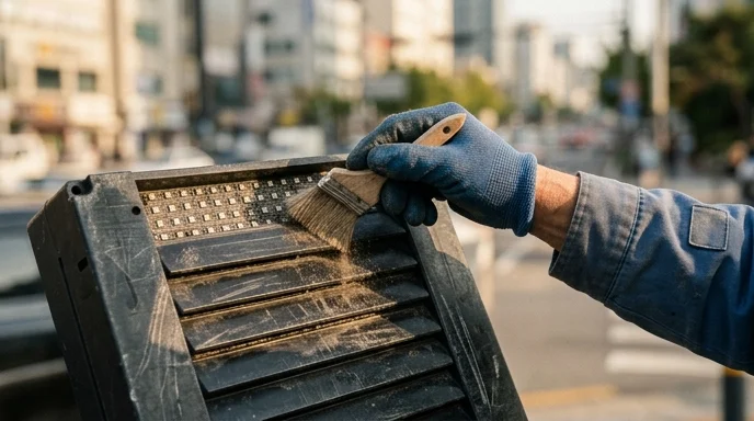 A gloved hand of a Korean technician brushing dirt from an outdoor pixel module, with a hazy out-of-focus background.