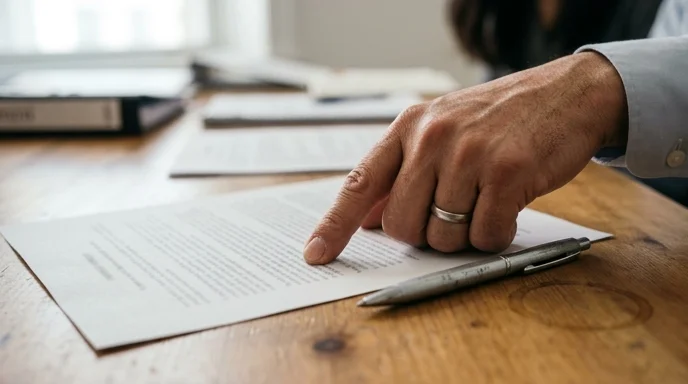 A Korean manager's hand pointing at an out-of-focus printed document on a wooden desk with a scuffed pen nearby.