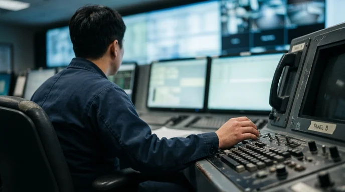 Over-the-shoulder view of a Korean planner sitting at a control console in a command room.
