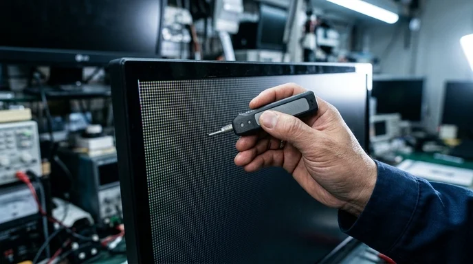 A hand uses a surface measurement tool to inspect pixel conditions.