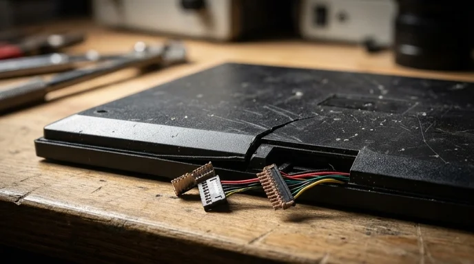 A disconnected wire connector rests on the scratched backplate of a broken LED panel.
