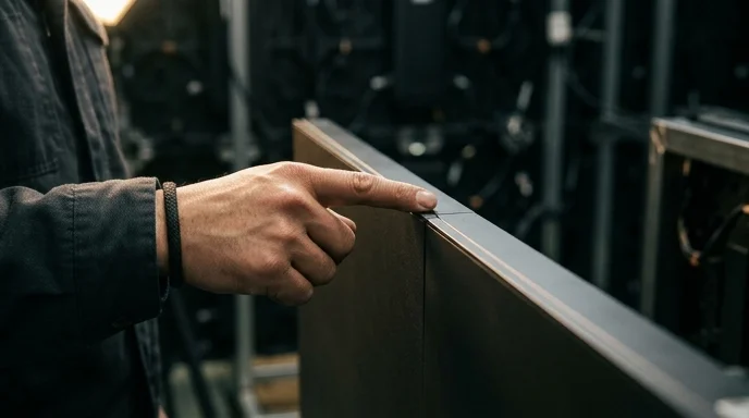 A worker's hand checking the seamless joint of an LED cabinet.