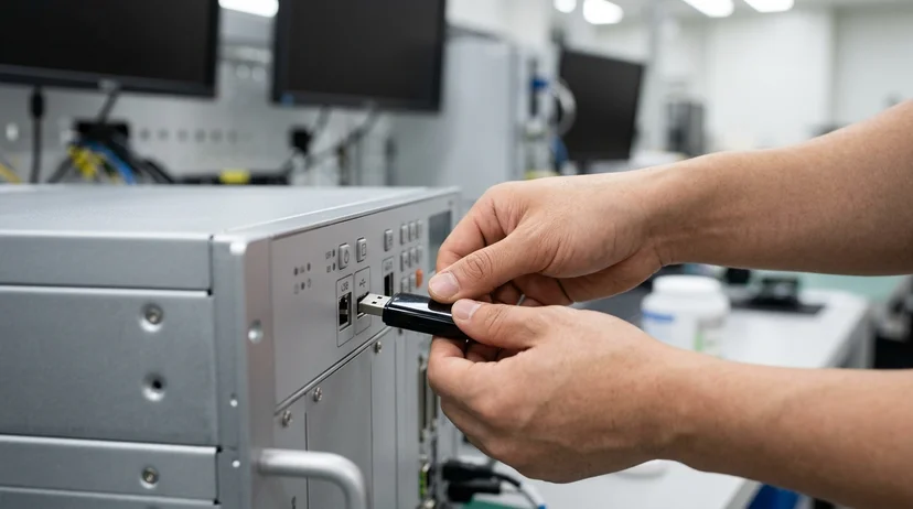 A Korean technician's bare hands plugging a USB flash drive into the front port of a controller device.