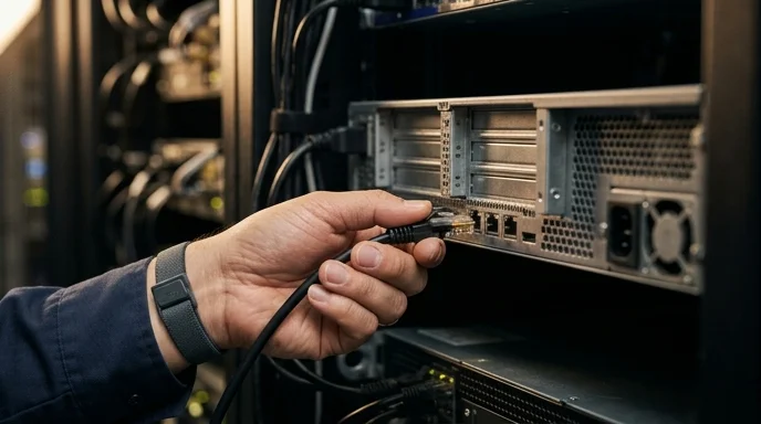 A technician's hand inserting a cable into a clean port on the back panel of a media server.