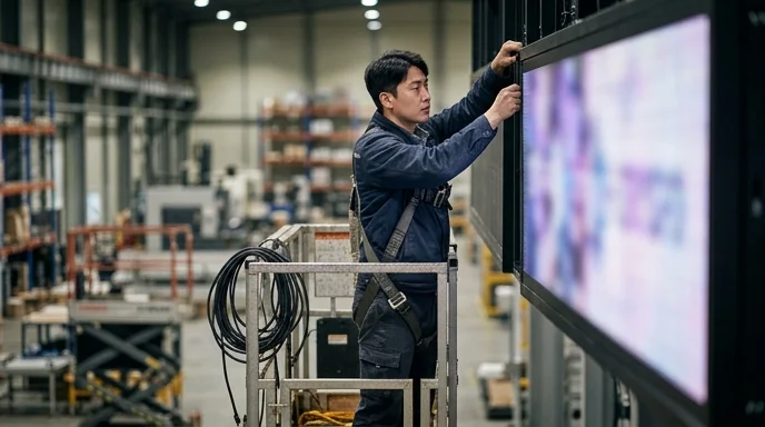 A Korean technician handling the top edge of a large display module on an indoor lift.