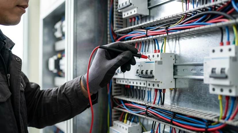 A Korean engineer's gloved hand probes a circuit breaker inside a metal LED cabinet under bright indoor lighting.