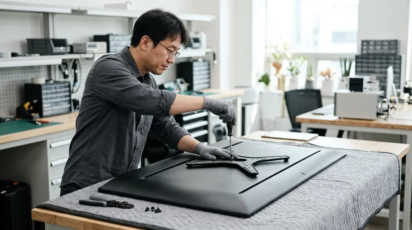 A technician screwing an extension adapter bracket onto the back of a large display lying face-down.