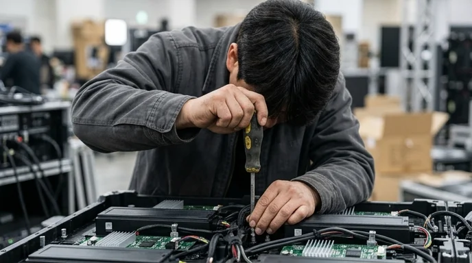 A technician's back as he tightens screws on the rear of an LED module panel during maintenance.