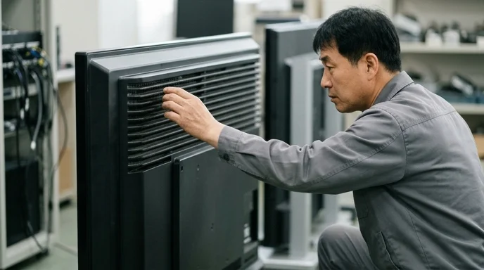 A Korean technician reaching out to check the rear ventilation slots of a vertical large display.