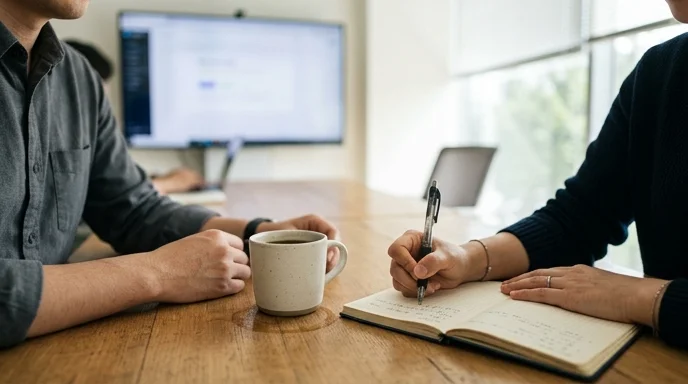Two Korean colleagues' hands taking notes at a bright meeting table with an out-of-focus large display in the background.