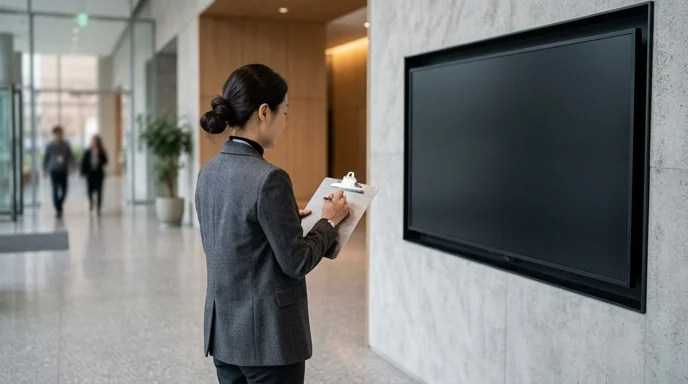 A Korean partner consultant viewed from behind inspecting the installation quality of a digital signage display on a lobby.