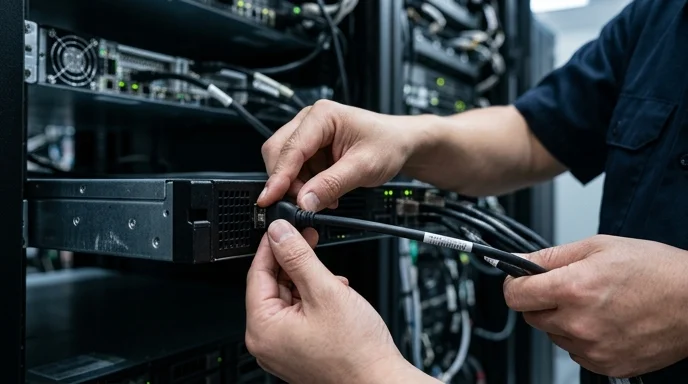 A Korean administrator's hands checking a sensor cable on a media server rack.