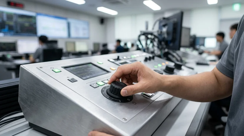 A Korean technician's hand turning a dial on a controller in a central control room.