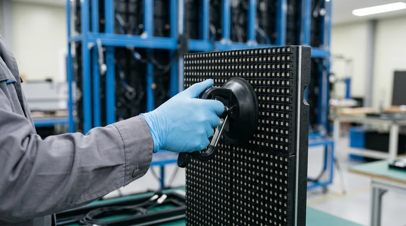 A Korean technician's gloved hand using a suction tool to remove an LED module from the front.