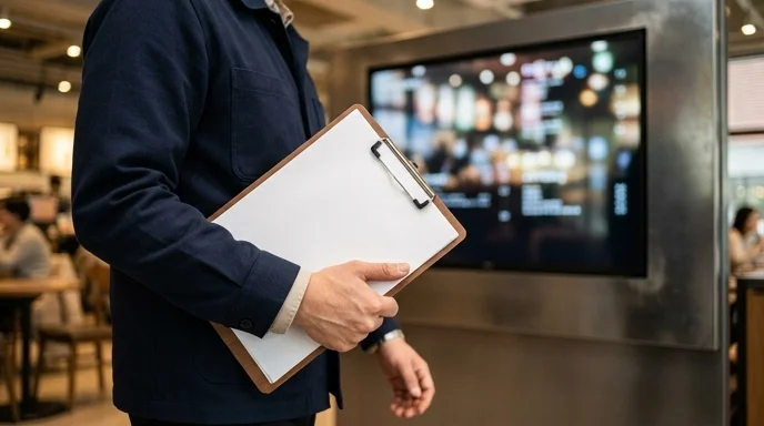 A Korean employee's hand holding a clipboard near a large digital signage board.
