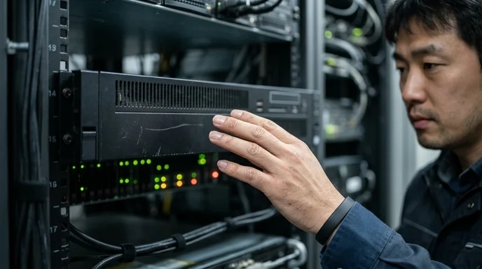 An engineer's hand reaching toward a rack-mounted server covered in fine dust.