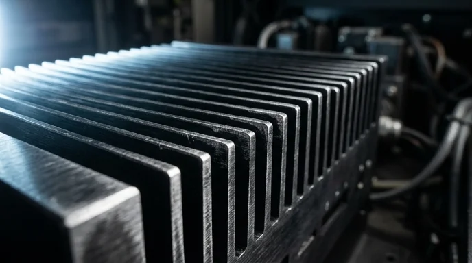 Close-up of a ribbed aluminum heatsink on a fanless industrial PC chassis illuminated by cool side light.