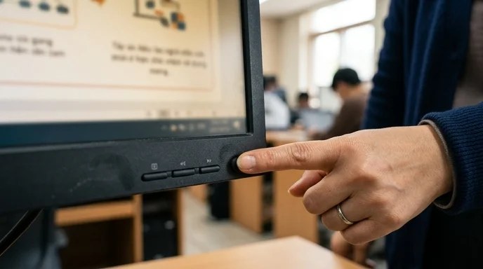 A Korean instructor's finger pressing a physical button on the bottom of a screen frame.