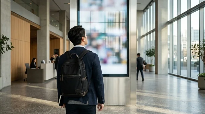 A Korean visitor looking up at a digital signage in a bright corporate lobby.