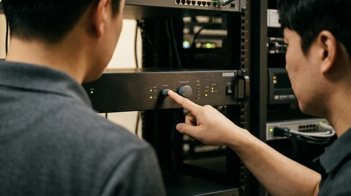 View over the shoulders of two technicians discussing AV processor settings to prevent display conflicts.