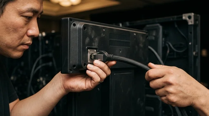 A Korean installer's hands plugging a cable into the dusty back port of an indoor LED panel.