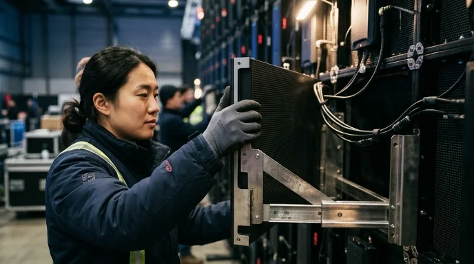A Korean technician's gloved hand pulling an LED cabinet module forward using a bracket.