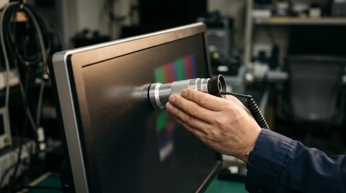 A Korean technician's bare hand holds a calibration device against a blurred large display screen catching raking side light.